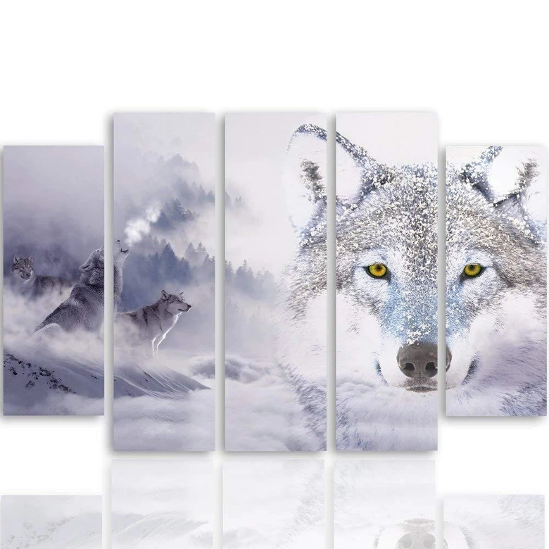 Wandbild 5-teilig, Wolf Nebel Wald Grau 