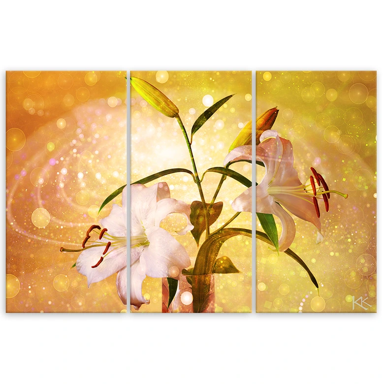Leinwandbild 3 teilig, Lily auf gelben Hintergrund 