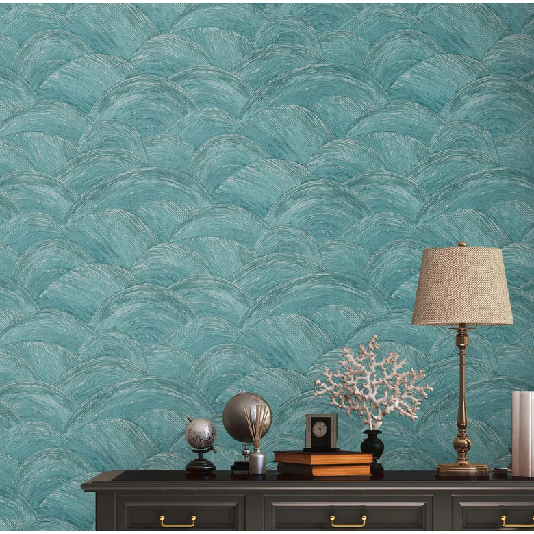 Papier peint design vagues bleu, argent - papier peint intissé moderne pour chambre à coucher, couloir, salon 