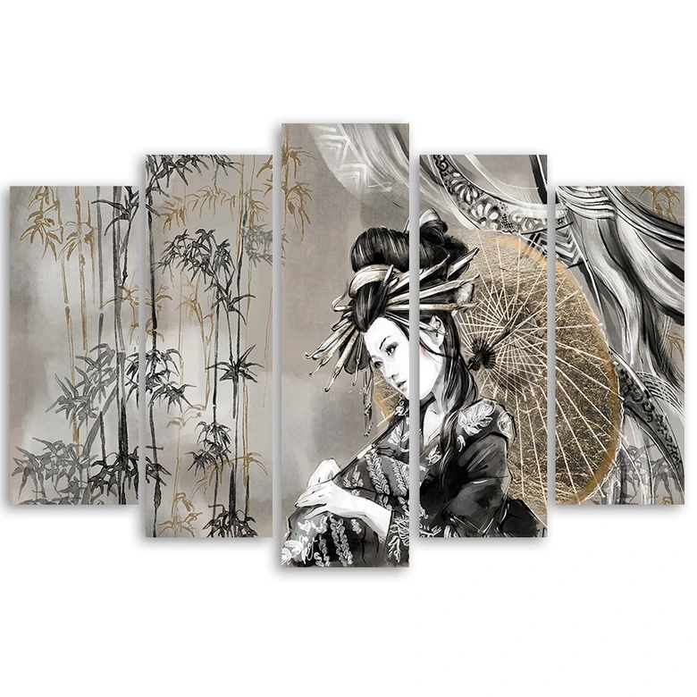 Leinwandbild 5 teilig, Geisha und Bambus 