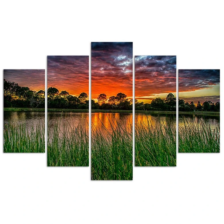 Leinwandbild 5 teilig, Sonnenuntergang See 