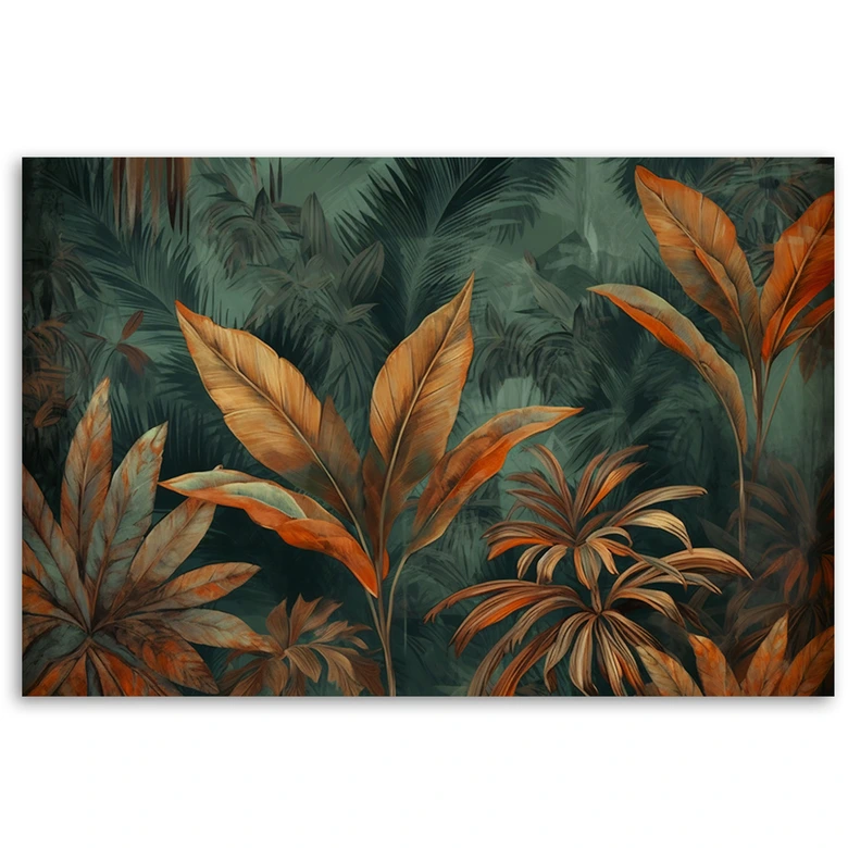 Canvas Schilderij, Tropische bladeren in oranje 