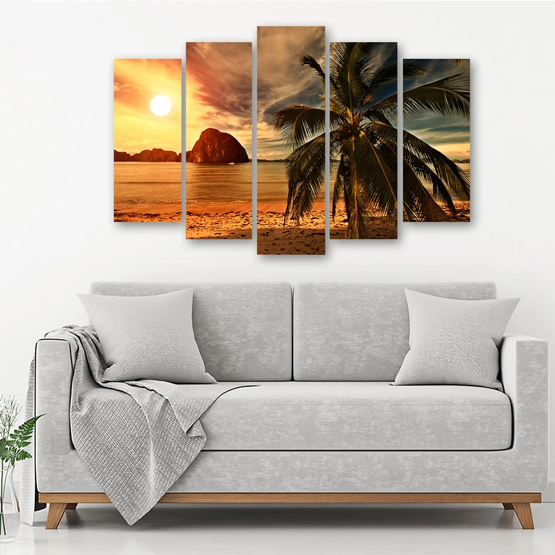 Leinwandbild 5 teilig, Palmen Sonnenuntergang Orange 