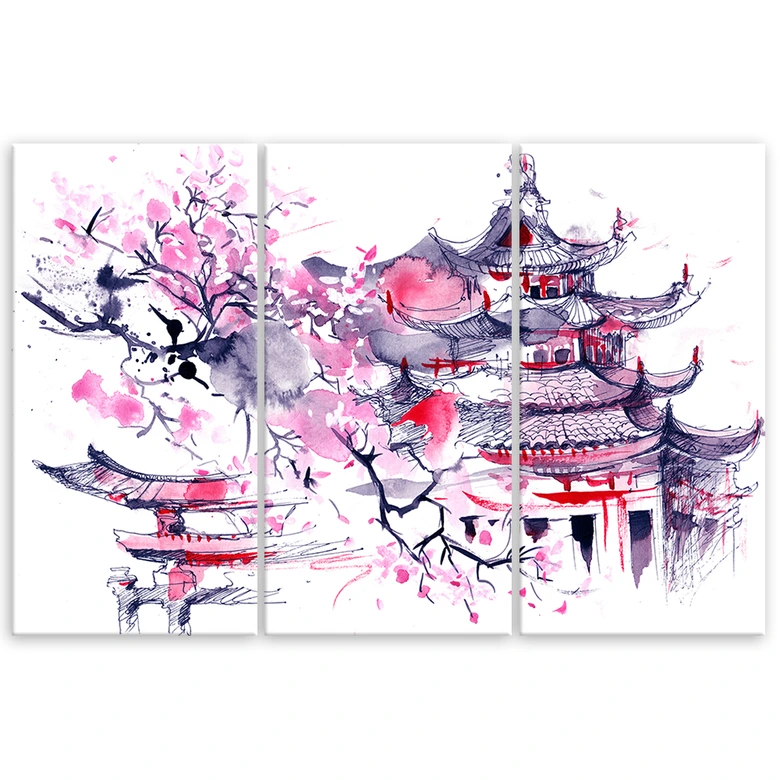 Leinwandbild 3-teilig, Pagode Kirschbaum Japan Gemalt 