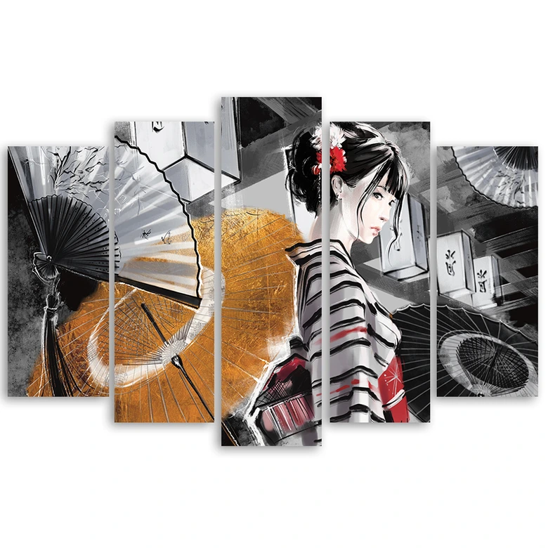 Leinwandbild 5 teilig, Geisha mit einem Fan 