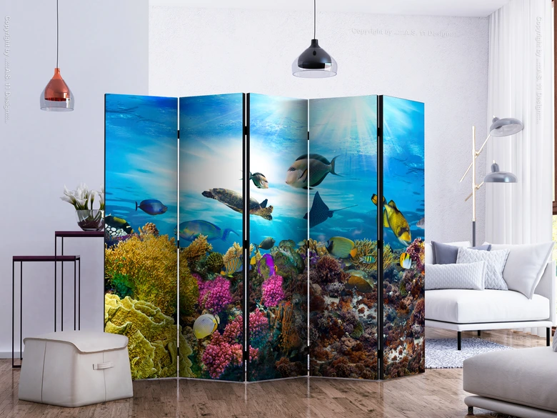 Paravent, Raumteiler freistehend, Trennwand - Coral reef II, 5-teilig - einseitig bedruckt - 225x172 cm 