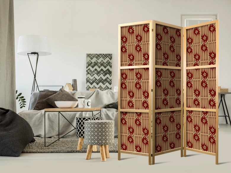 Japanischer Paravent, Raumteiler freistehend, Trennwand - Predatory Streaks: Red Tribal Inspired 