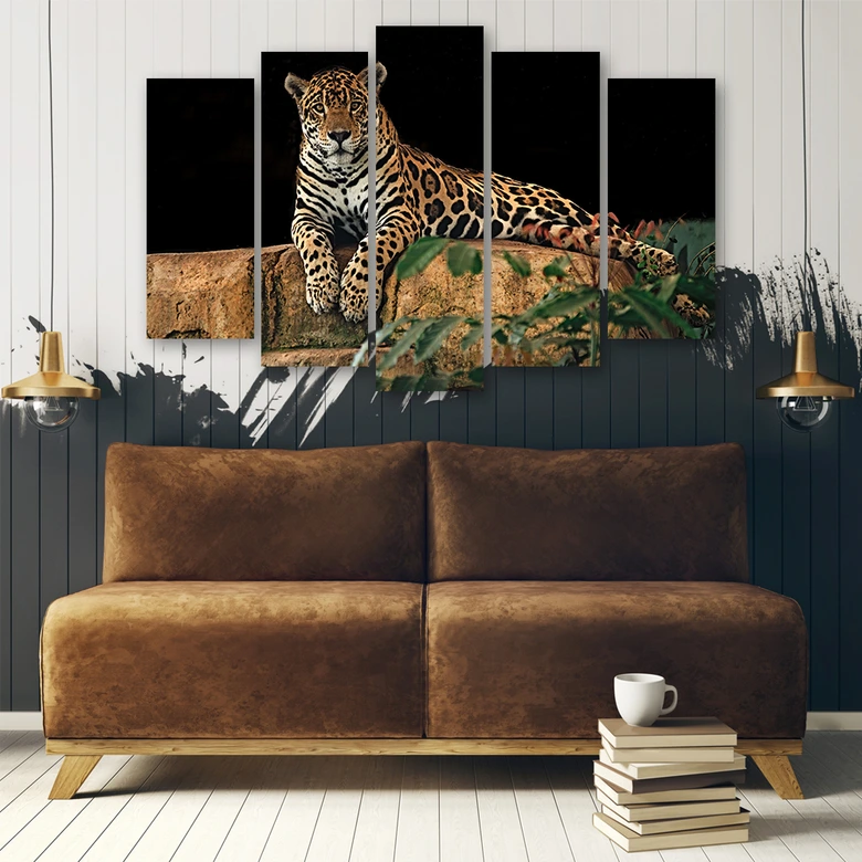 Leinwandbild 5 teilig, Leopard Panther Katze Tier 