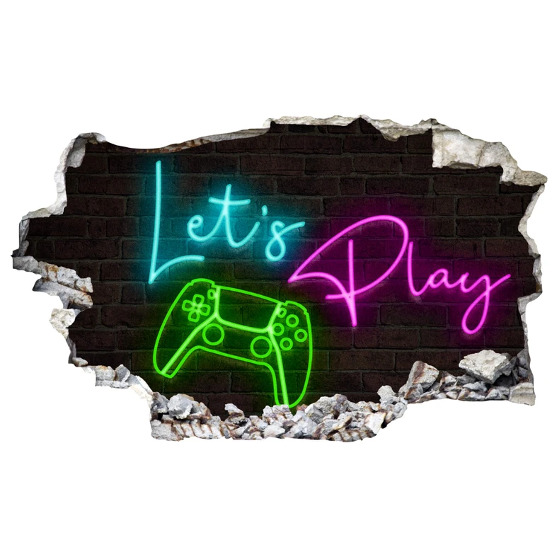 Sticker Mural Lets Play avec contrôleur de jeu - Lumière fluorescente 