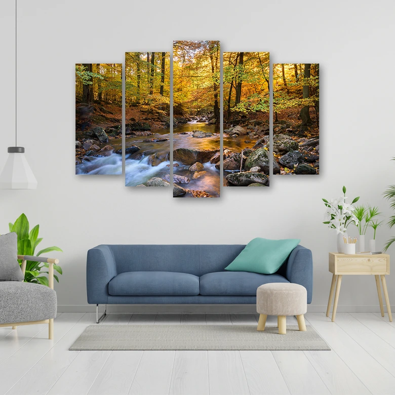 Leinwandbild 5 teilig, Wald Herbst Bach Natur 