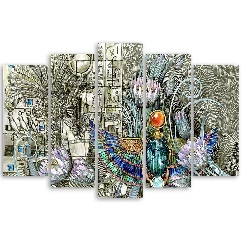 Leinwandbild 5 teilig, Ägyptische Hieroglyphen und Skarabäen 
