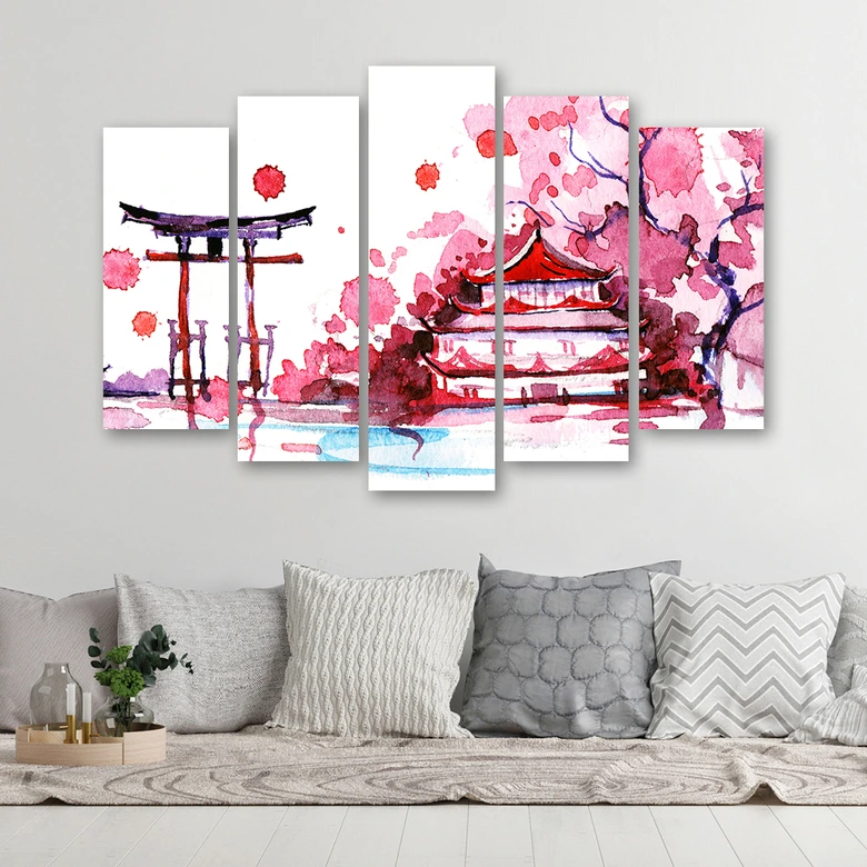 5 stuk canvas print, Japan roze landschap 