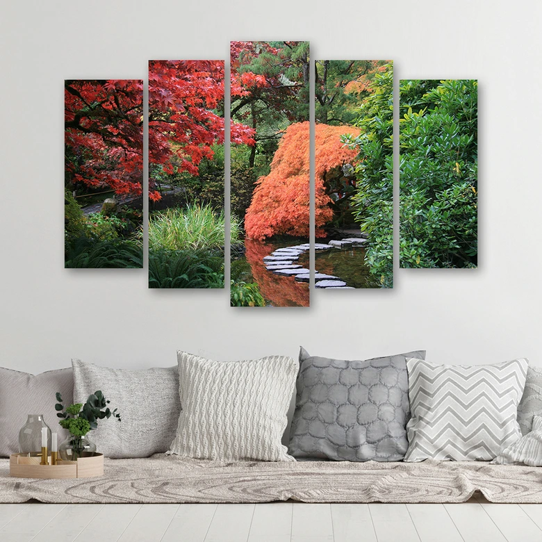 Leinwandbild 5 teilig, Japan Garten Wald 