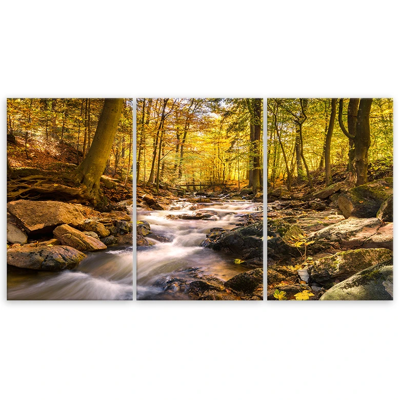 Leinwandbild 3-teilig, Herbstwald Bergbach 