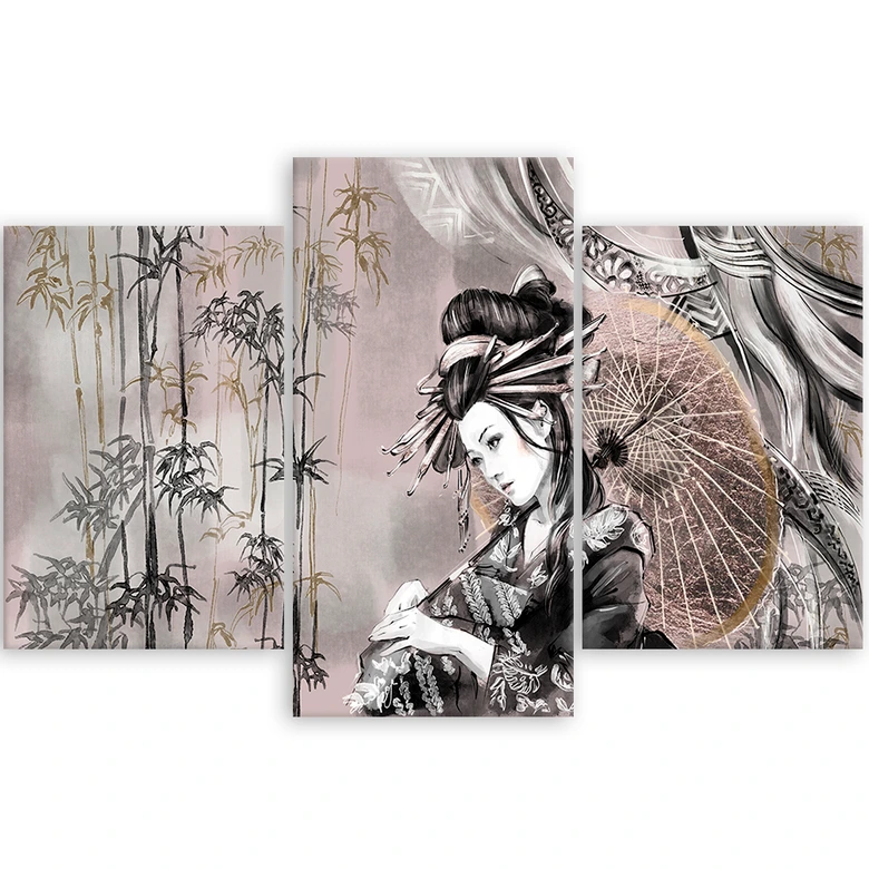 Leinwandbild 3 teilig, Geisha und Bambus 