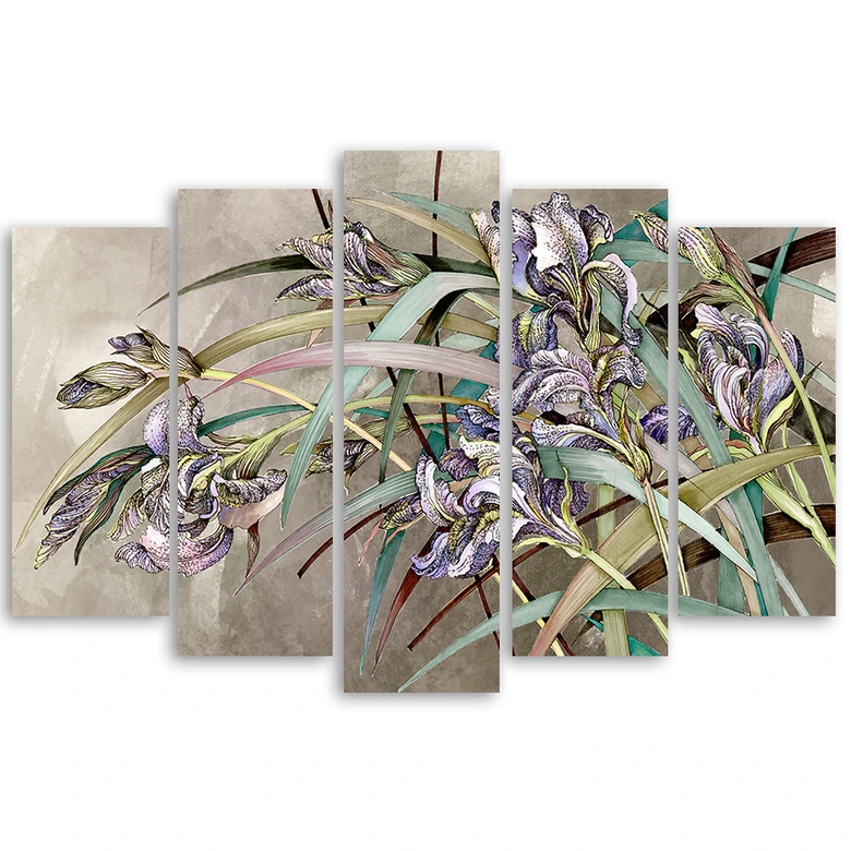 Leinwandbild 5 teilig, Iris Blumen im Wind 