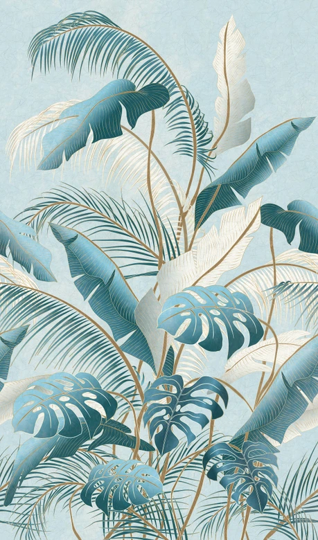 Fototapete Blumen, Blätter Floral Vliestapete Natur, Dschungel matt in Blau 2,70 x 1,59 m 