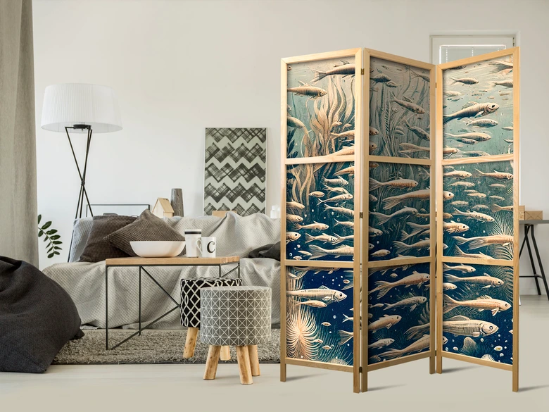 Japanischer Paravent, Raumteiler freistehend, Trennwand - Life in the Ocean in Retro Style 