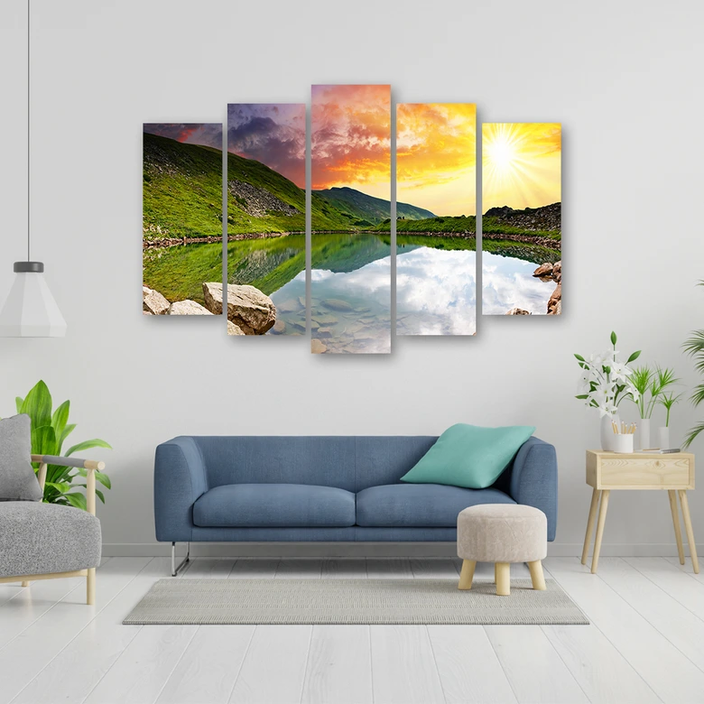 Wandbild 5-teilig, Sonnenuntergang Landschaft See 