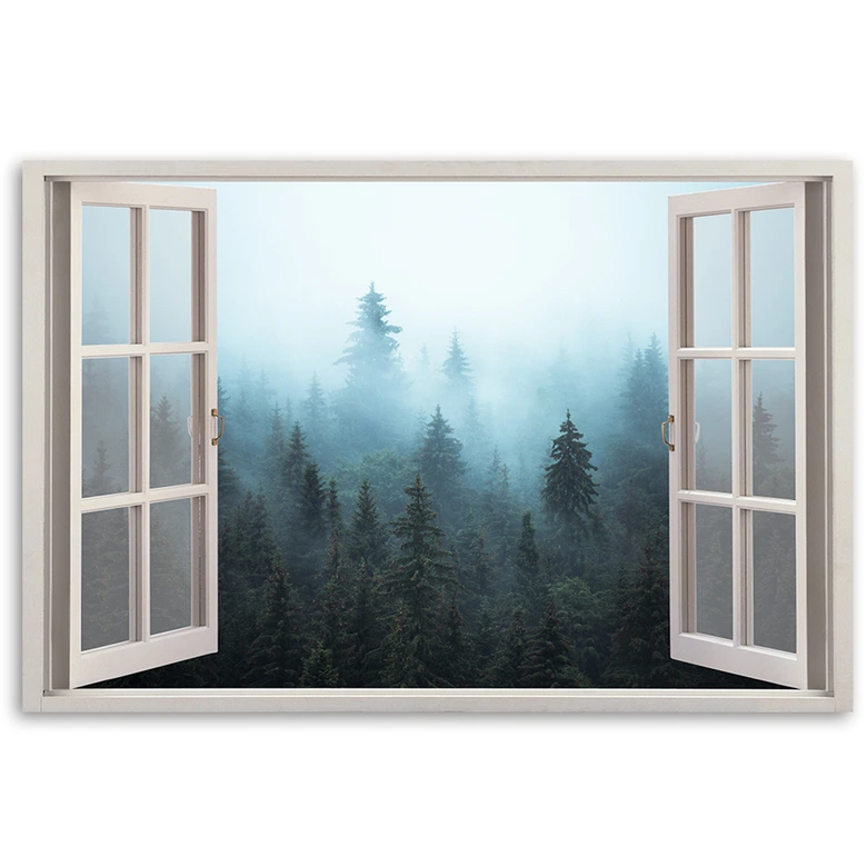 Leinwandbild, Fenster anzeigen Wald in Nebel Natur 