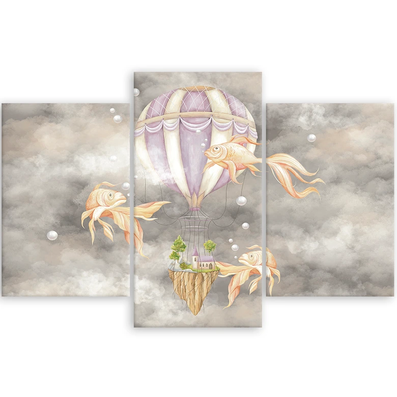 Leinwandbild 3 teilig, Heißluftballon fliegendes Haus und Fisch 