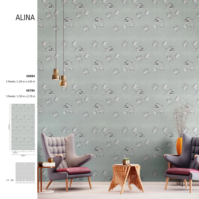 Fototapete mit Fischen, Grau Illustration 3.40 x 1.59 m 