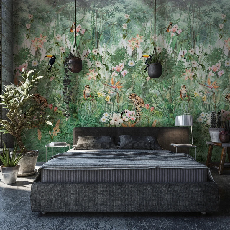 Fotobehang met motief jungle dieren en bloemen met toekan aquarel 2,7 x 1,59 m 