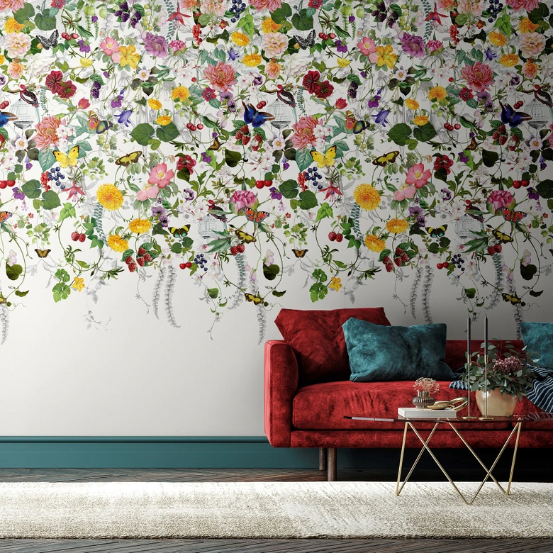 Fotobehang Kleurrijke bloemenweide met vlinders en bessen vintage 2,7 x 1,59 m 