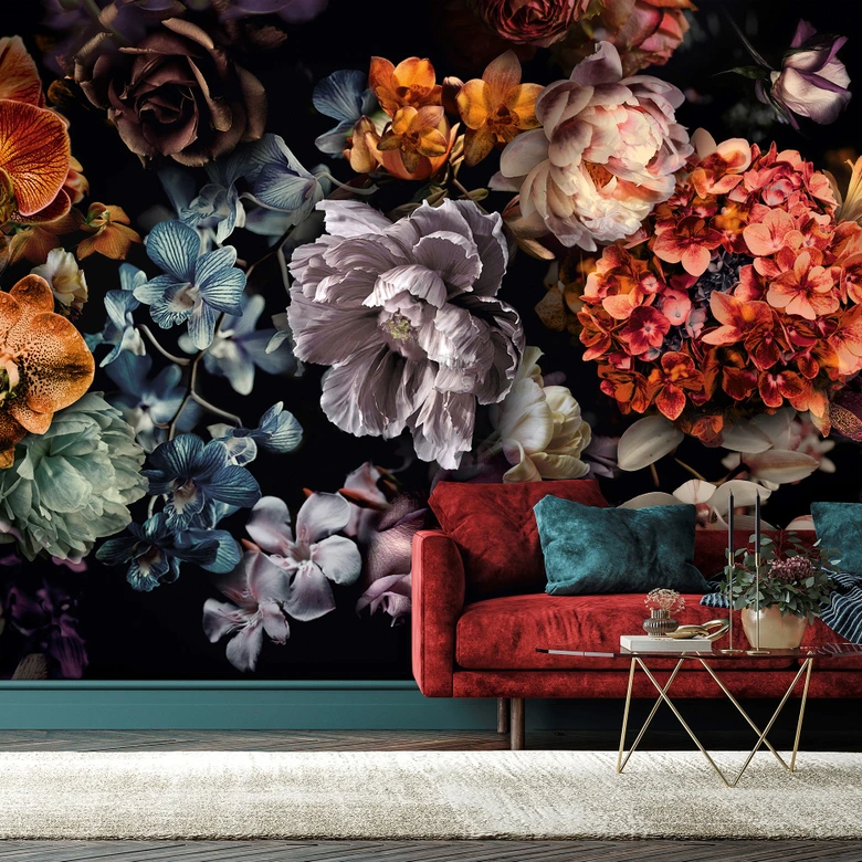 Fotomurale con motivo floral oscuro ramo de flores en negro con orquídeas 2,7 x 2,12 m 