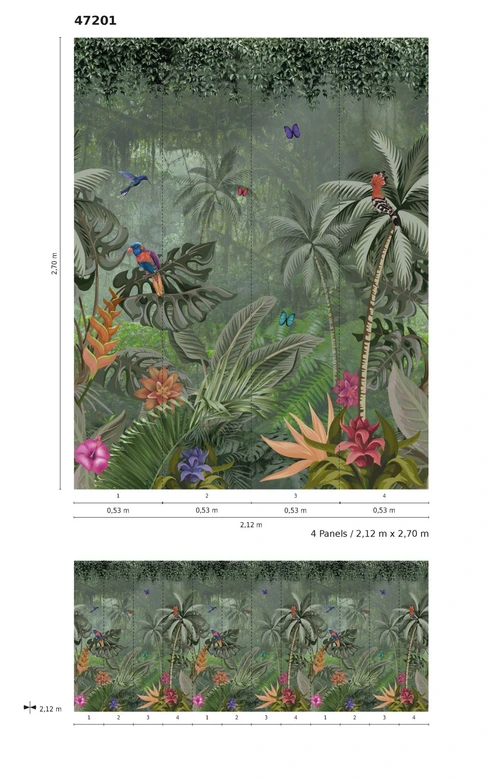 Fototapete mit Dschungelmotiv und Tieren, Grün ,Floral 2,70 x 2,12 m 