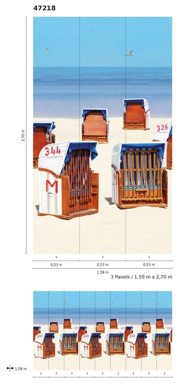 Fototapete mit Strandkörben am Meer Beige, Blau ,Illustration 2,70 x 1,59 m 