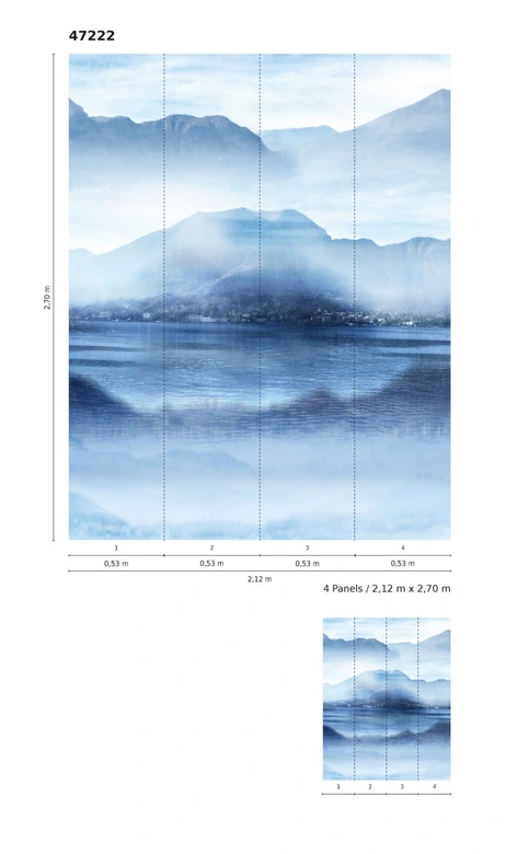 Fototapete mit nebeligem Tal am See Blau, Grau ,Illustration 2,70 x 2,12 m 