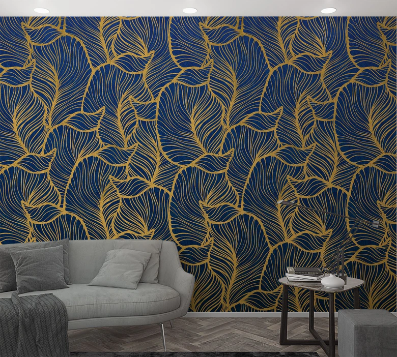 Fototapete mit abstraktem Blattmotiv Blau, Gelb ,Floral 2,70 x 1,59 m 