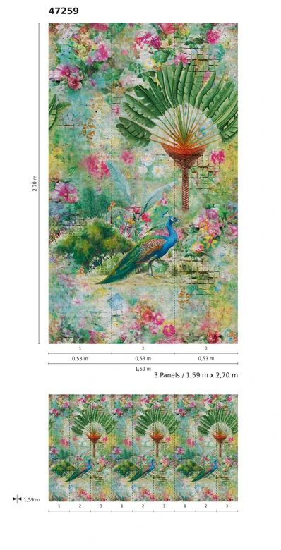 Fototapete mit Blumen und Pfau Grün, Rosa ,Steinoptik 2,70 x 1,59 m 