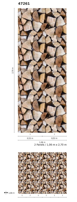 Stakket træ tapet Fototapet Brun, Illustration 2,70 x 1,06 m 