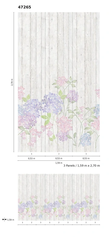 Fototapete mit kleinen Blumen auf Holzzaun Greige ,Holzoptik 2,70 x 1,59 m 