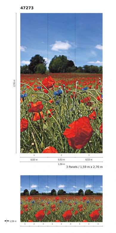 Bloemenweide en blauwe lucht behang Rood, Groen, Bloemig 2.70 x 1.59 m 