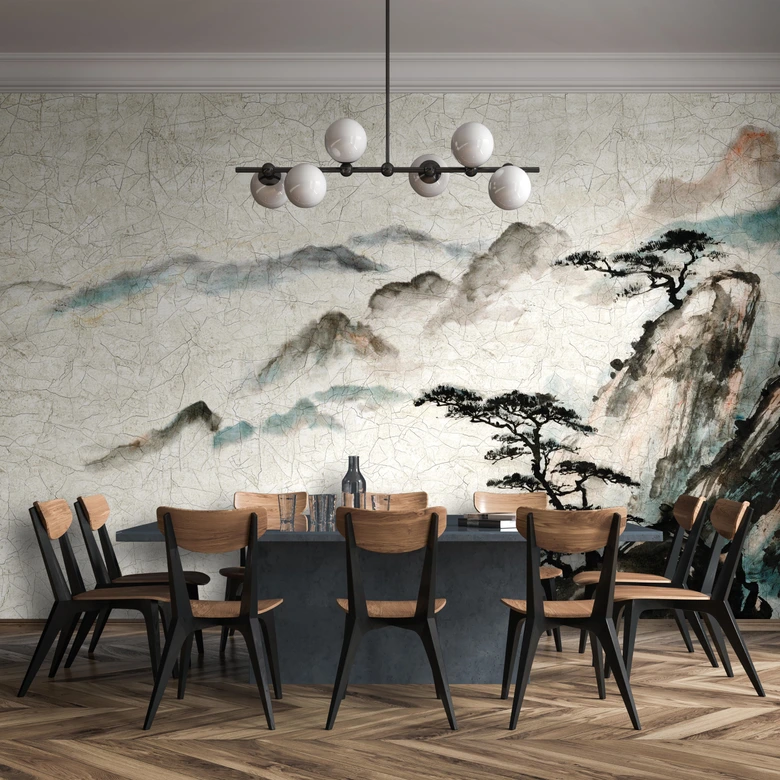 Fototapete Motivtapete Nebelberge im Morgenlicht mit Pinien Silhouette im Japan-Stil 3,4 x 2,65 m 