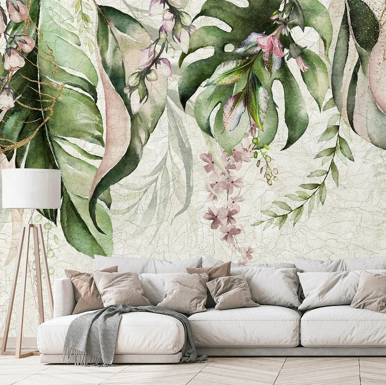 Aquarel jungle bladeren met delicate bloesems Fotobehang 3.4 x 2.65 m 