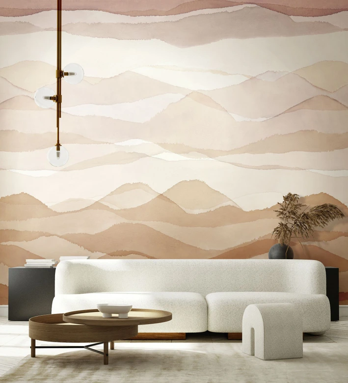 Fototapete Motivtapete Aquarell Berge in Beige und Rosé mit sanftem Farbverlauf 3,4 x 3,18 m 