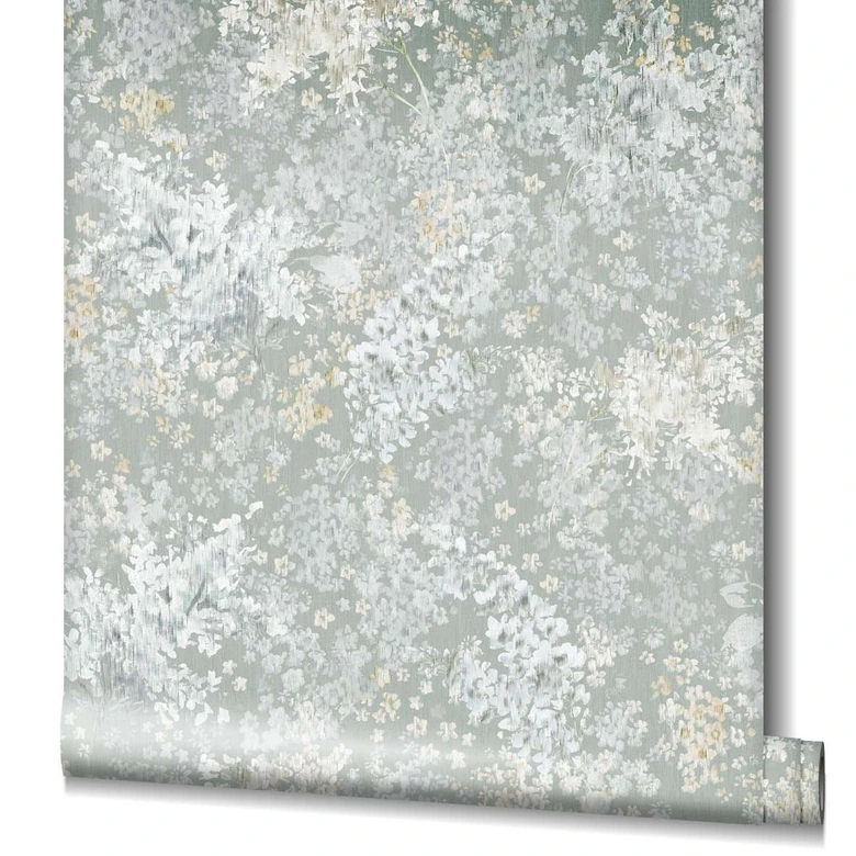 Tapet, non-woven blomstertapet Flora grå, hvid 