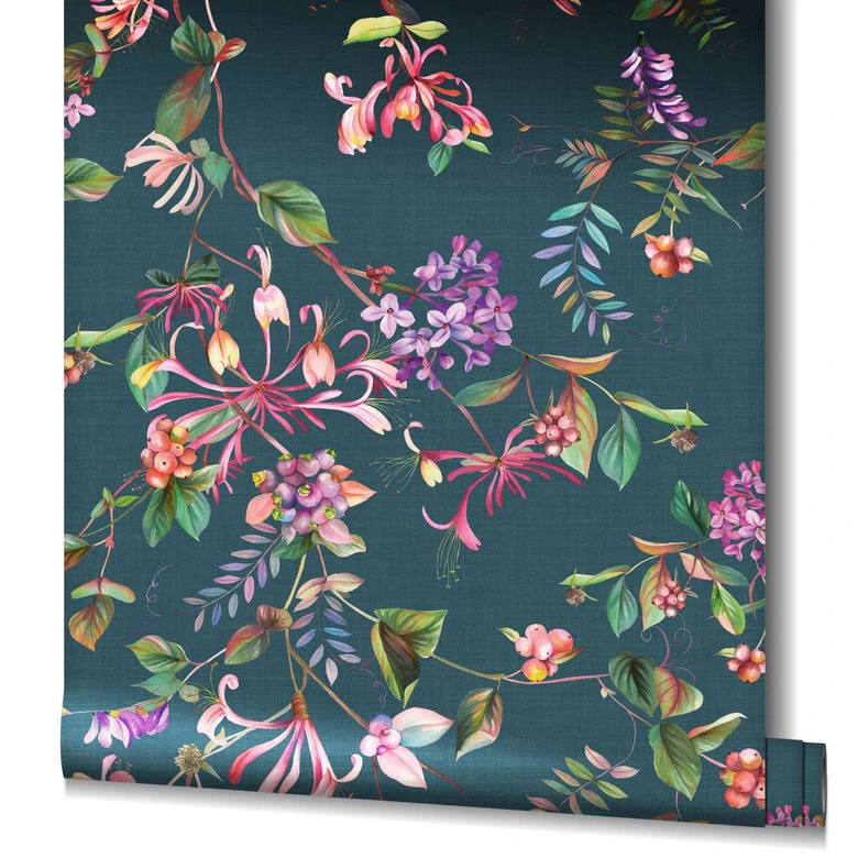 tapet, blomstret non-woven tapet Flora grå, blå 