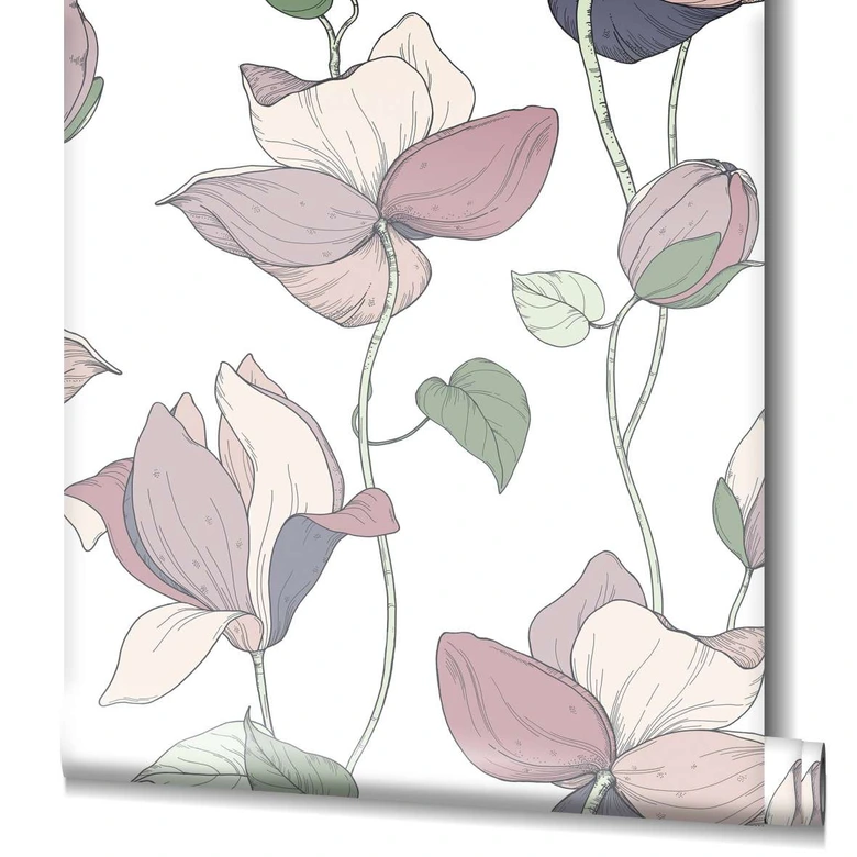 Vliestapete mit Comic-Blumen Look weiß, beige Floral 