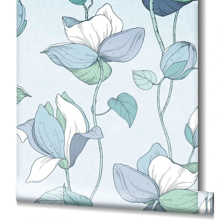 Vliestapete mit Comic-Blumen Look blau, grün Floral 