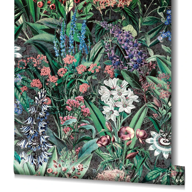 Tapet, non-woven blomstertapet Flora sort, grøn 
