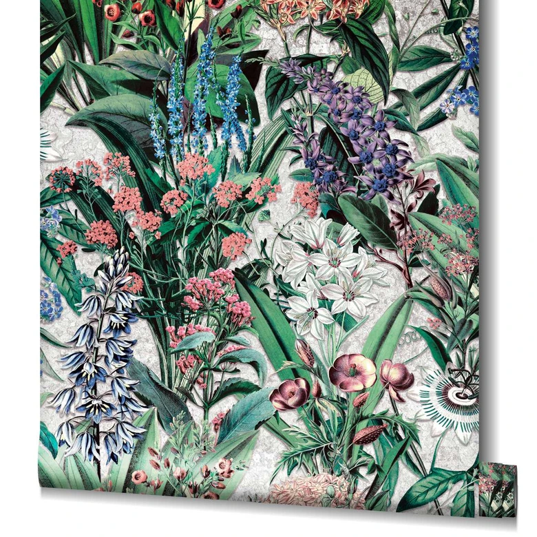 Vliestapete mit bunter Blumenwiese grau, grün Floral 