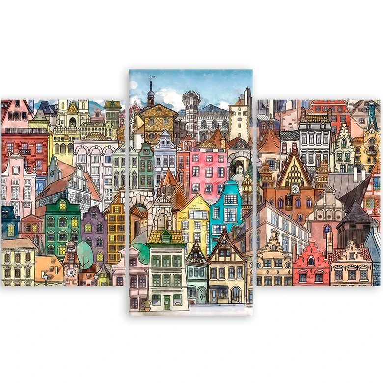 Leinwandbild 3 teilig, Fröhliche Stadt 