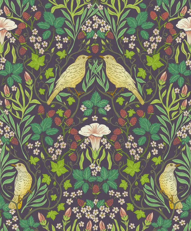 Icke-vävd tapet fåglar, blommor blommig natur i svart 