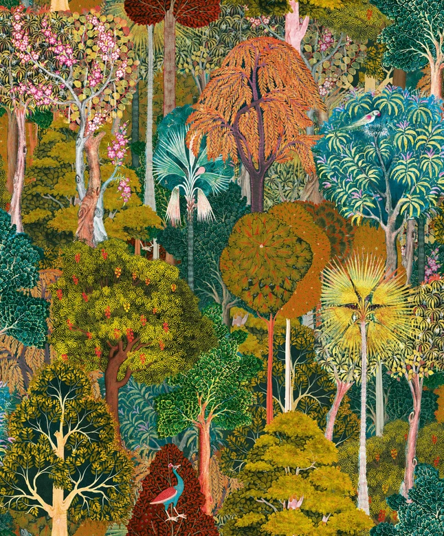 Papier peint intissé forêt, arbres floral nature en vert 