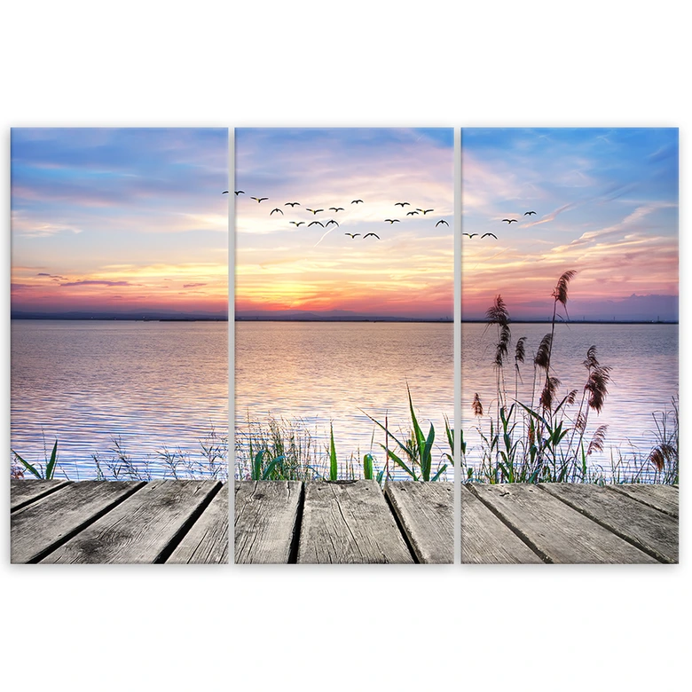 Leinwandbild 3-teilig, Steg Strand Sonnenuntergang  